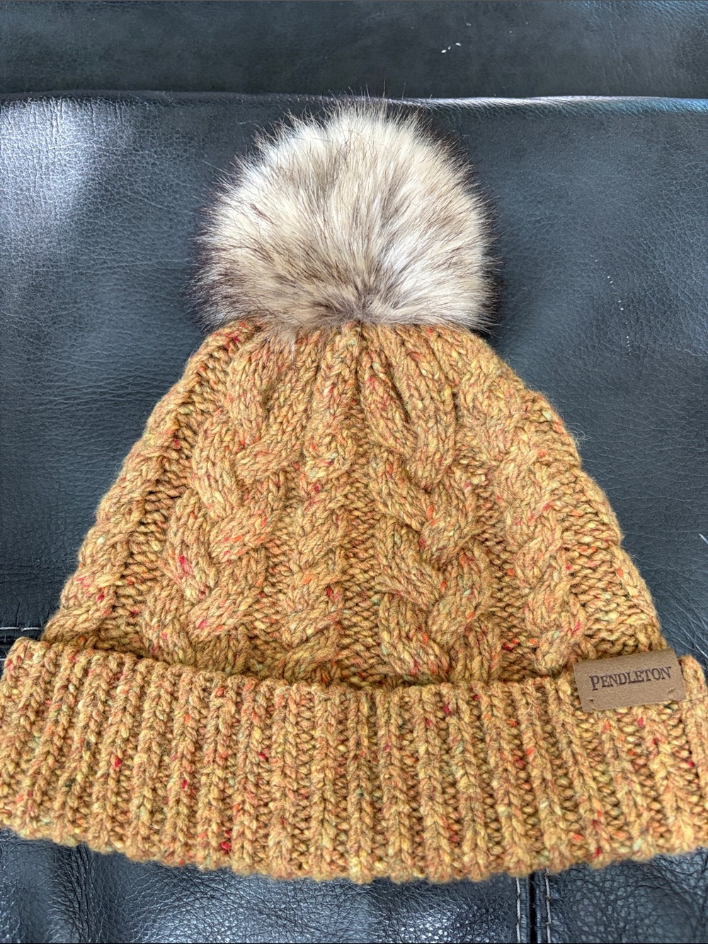 Pendleton Golden Mustard Cable Knit merino alpaca Beanie with Faux Fur Pom